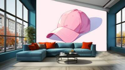 2d icon of a pink baseball cap drawn in a unique doodle line style standing alone Wall mural