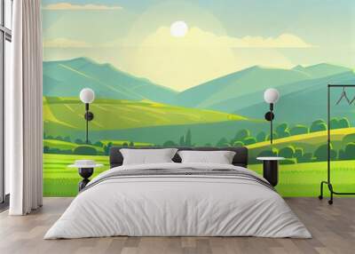 2d illustrated illustration of beautiful summer field with dawn, green hills, bright blue sky, countryside background in flat cartoon style banner. Wall mural