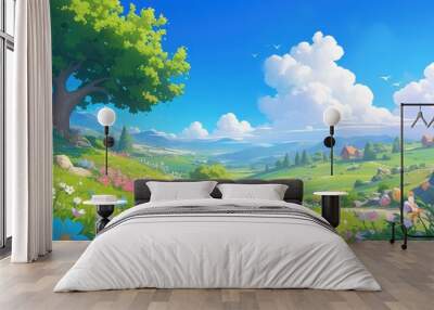 2d illustration depicting a charming spring landscape in a whimsical cartoon style featuring lush green grass vibrant flowers and a clear blue sky in a natural setting Wall mural