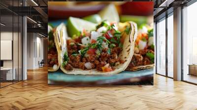 3 tacos on a plate, seen from the side. Wall mural