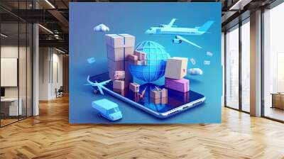 3d Logistic application service concept, Global logistics network, airplane, smartphone, and packaging on blue background. 3d render illustration Wall mural