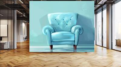 A blue chair made of wood is placed in front of an azure wall inside a building. The rectangleshaped chair complements the electric blue window and aqua table in the room Wall mural