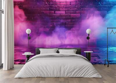 A brick wall stands illuminated by neon lights, emitting purple and magenta smoke creating a fluid and electric blue art display Wall mural