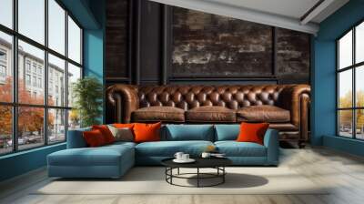 A brown leather couch is placed in a dimly lit room with hardwood flooring and a rectangle window. Additionally, there is a wooden door and a chair in the corner Wall mural