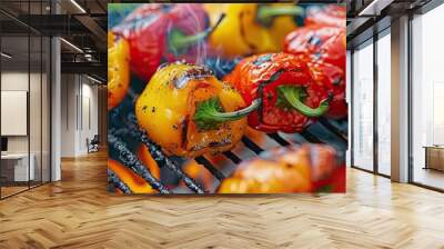 A bunch of peppers grilling on a barbecue grill, creating a delicious vegetable snack. Wall mural