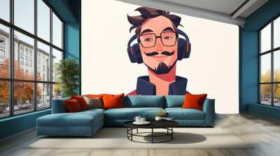 A charming and athletic male avatar is depicted in a 2d flat design complete with a mustache beard stylish haircut trendy eyeglasses and cool headphones This cartoon internet symbol capture Wall mural