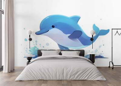 A charming blue dolphin stands out against a clean white backdrop captured in a delightful side view that exudes a friendly and playful charm This endearing aquatic creature is brought to l Wall mural