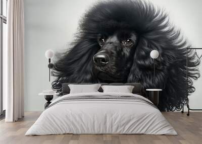 A close up of a beautiful black poodle with its hair blowing, set against a white background. Generative AI Wall mural