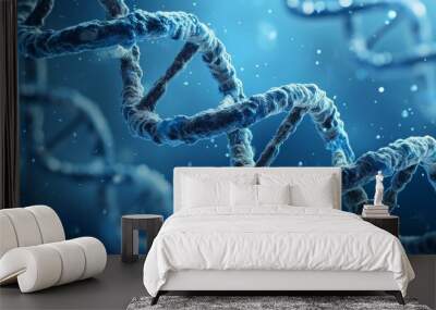 A close-up of a DNA strand submerged in azure water, portraying an electric blue pattern resembling macro photography art. Wall mural