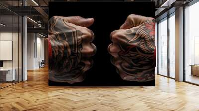 A close-up of a pair of hands with intricate tattoos wrapping knuckles, showcasing the traditional technique used in Muay Thai kickboxing. The tattoos add a unique visual element to the process. Wall mural