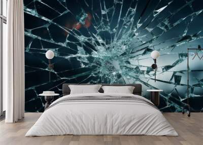 A close up of a shattered glass window in a dimly lit room, reflecting the electric blue sky. The broken pieces form a unique pattern, resembling a circle, creating a work of art in the space Wall mural