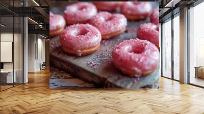 A close up view of heart shaped pink donuts displayed on a rustic wooden board Wall mural