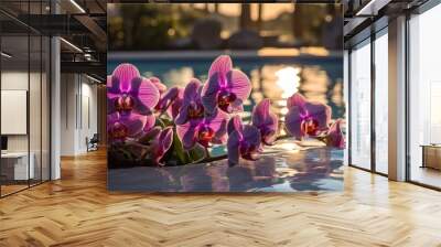 A cluster of magenta petals surround a poolside, creating a vibrant display of natural art. The flowers add a touch of beauty to the leisure and entertainment environment Wall mural