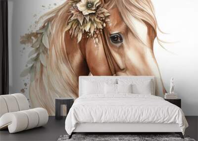 A contemporary watercolor illustration of a light brown horse with a pearl and feather mane on a transparent backround. Ideal for greeting cards, emblems, posters, postcards, weddings, and invitations Wall mural