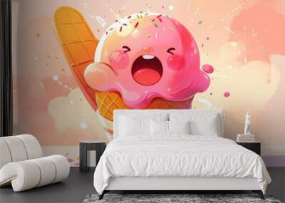 A cute pink ice cream cartoon character complete with emoji expressions is fearfully sprinkled with sweet appeal in this adorable 2d illustration of a delectable treat Wall mural