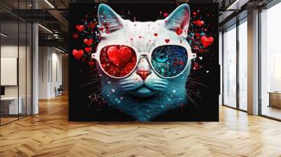 A cute white cat with red heart shaped sunglasses is on a black background, and colorful sparkles are all around the animal to represent a party or celebration. Generative AI Wall mural