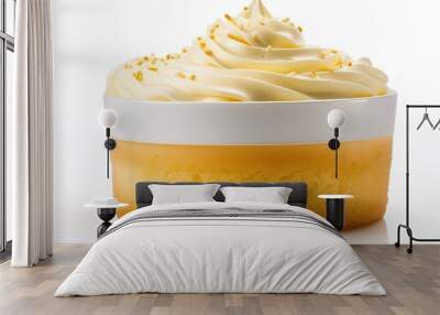 A delicious French gourmet dessert, a creamy yellow cake with white creamy frosting, baked to perfection, isolated on a white background. Wall mural