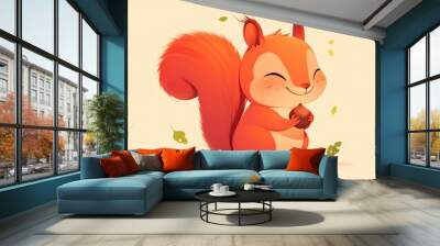 A delightful red cartoon squirrel with a charming smile clutching a tiny acorn Wall mural