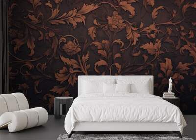 A detailed closeup of a brown floral pattern on a dark black background resembling a natural landscape, with intricate plant twigs and treelike designs Wall mural