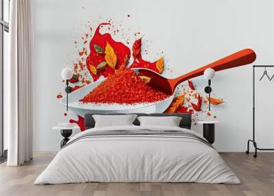 a dish of red chili powder and a spoon, flakes of red pepper. Generative AI Wall mural