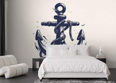 A doodle outline of an anchor icon stands out against a crisp white background Wall mural