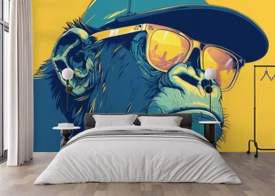 A fun and quirky hand drawn 2d illustration featuring a gorilla sporting a trendy cap and sunglasses perfect for stylish t shirt designs Wall mural