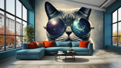 A funny picture of a grey cat wearing sunglasses and looking into space. Blank space. Generative AI Wall mural