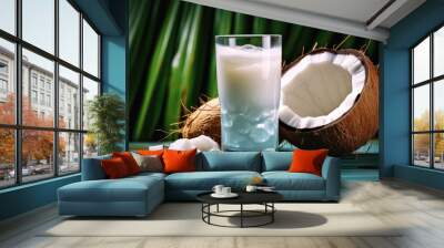 A glass of coconut milk sits next to a fresh coconut on a table, ready to be used as an ingredient in a recipe or enjoyed as a refreshing drink Wall mural