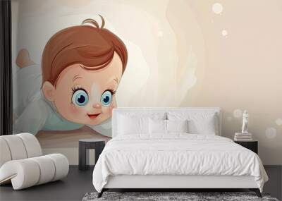 A joyful animated cartoon baby with a big smile on its face is crawling on the flooring. The cute fictional character is gesturing with its thumb in a leisurely manner Wall mural