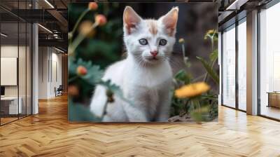 A kitten is frolicking in the garden. Generative AI Wall mural