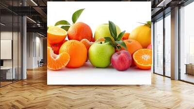 A pile of fruit, including apples, oranges, and assorted fruits, sits next to each other on a white background. Wall mural