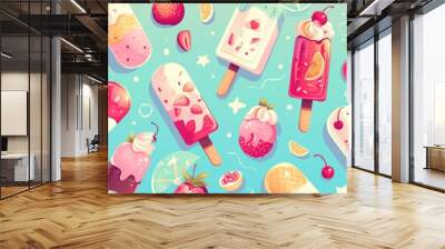 A playful and vibrant 2d pattern featuring pink raspberry strawberry and cherry ice cream on a wooden stick all depicted in a charming dots cartoon outline style Wall mural