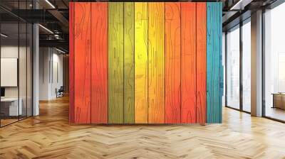 A rectangular wooden wall displaying a colorful rainbow of tints and shades including brown, amber, orange, pink, and magenta, showcasing the colorfulness of the material property Wall mural