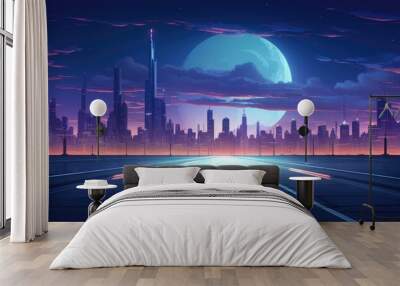 A road leading through the darkness to a futuristic city under a midnight sky with a full moon, casting an electric blue hue over the world below Wall mural