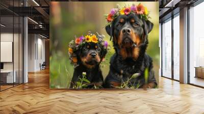 A Rottweiler dog and her adorable puppy are striking a pose in flower crowns for a picturesque midsummer moment Wall mural