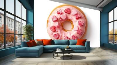 A scrumptious strawberry donut adorned with pink frosting and charming heart shaped decorations presented in a top down view against a pristine white background Wall mural