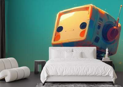 A small rainbow colored robot gazes downward in this captivating cartoon illustration Wall mural