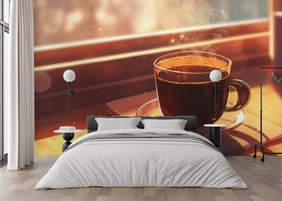 A steaming mug of black coffee sat on the table Wall mural