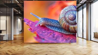 A terrestrial snail is slowly crawling on a vibrant purple leaf, displaying its intricate details in a captivating close-up macro photograph. Wall mural