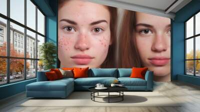 A transformation photo showing a womans features like nose, skin, lips, eyelashes, mouth, neck, jaw, ears, and facial gesture before and after makeup application Wall mural