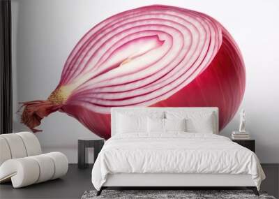 A vibrant, ripe red onion bulb, with its layers expertly sliced, is photographed against an isolated white background, showcasing the natural, organic ingredient that adds both healthy and flavorful Wall mural