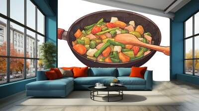 A vibrant cartoon depiction of a wok pan dish icon designed specifically for web use set against a clean white background Wall mural