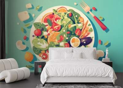 A vibrant cartoon isometric flat 2d illustration showcasing a plate filled with healthy food options highlighting essential nutritional advice for a well balanced diet Wall mural