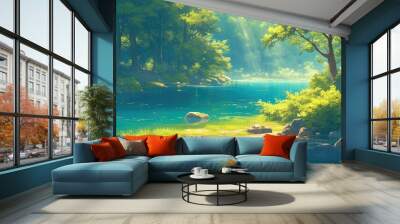 A vibrant summer forest scene unfolds with a crystal clear lake nestled on a sunlit glade surrounded by lush trees and a winding path This 2d cartoon captures the essence of nature with its  Wall mural