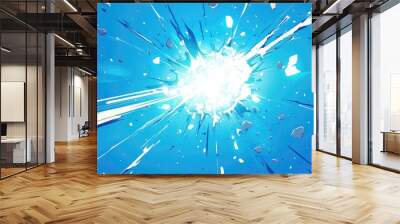 A vivid white light beams down against a brilliant blue backdrop creating a celestial effect in space The explosion of a dazzling bright ray adds a playful touch to this comic cartoon backgr Wall mural