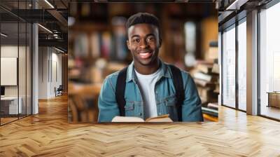 A young man with a smile on his face is holding a book in a library with wooden shelves. He is dressed in engineering companys sleeve shirt, giving a vibe of intelligence and retail spirit Wall mural