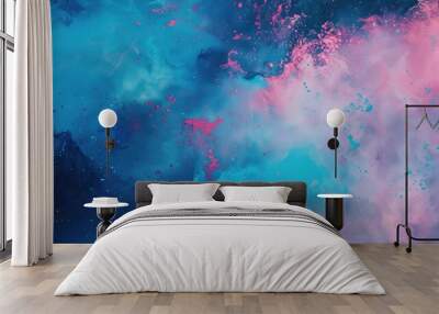 Abstract artwork featuring splashes of pink blue and turquoise paint creating a wet and blurry effect in a sky cosmic energy concept Wall mural