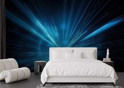 Abstract background of dark blue sky with lighting flares and glistening light beams. Generative AI Wall mural