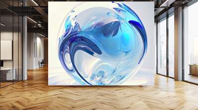 Abstract sphere and plasma rays. Blue reflections and refractions, stains and twirls on white. Fluid substance floating. May be glass or cosmic, micro or macro cosmos. Wall mural