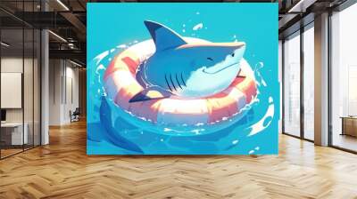 Adorable cartoon shark chilling in a trendy inflatable ring Wall mural